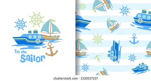 CUTE SHIP SEAMLESS PATTERN GIFT CARD BACKGROUND TEMPLATE SET