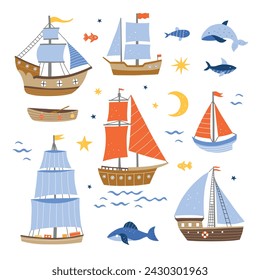 Cute ships vector set. Colorful ships and boats nautical illustrations on white background