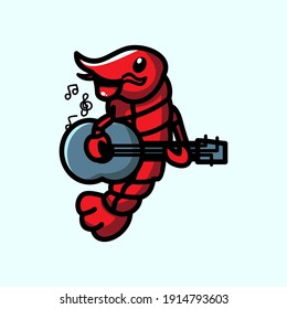 Cute Shirmp Music Mascot Vector Illustration Cartoon Design. With Shirmp Playing Guitar. Recomended For Children Book Character, Cover Book, Cafe MAscot, Seafood,And Other. Cute, FUn, Happy, Design 