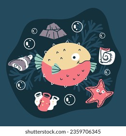 Cute shirt emblem artwork animal underwater ocean reef marine life concept. Vector graphic design illustration
