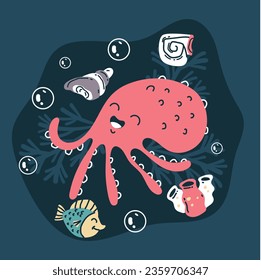 Cute shirt emblem artwork animal underwater ocean reef marine life concept. Vector graphic design illustration