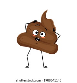 Cute shit character with emotions in a panic grabs his head, face, arms and legs. The funny or sad turd with eyes. Vector flat illustration