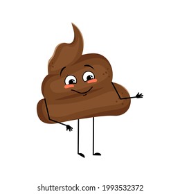 Cute shit character with joy emotions, smile face, happy eyes, arms and legs. A mischievous turd with eyes. Vector flat illustration