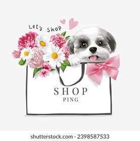 cute shizhu puppy and colorful flower bouquet in shopping bag vector illustration