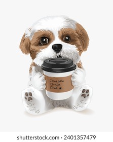 cute shizhu puppy holding coffee cup vector illustration