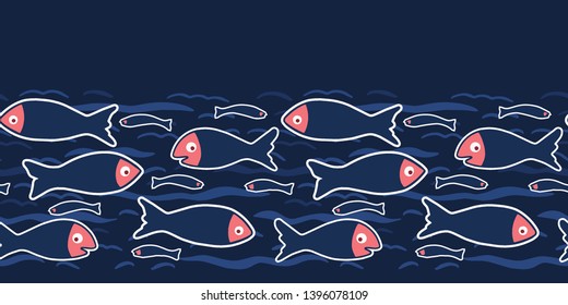 Cute shoal of fish swimming in sea water. Cartoon marine animal seamless vborder ector background. Hand drawn ocean life tile. All kids ribbon textiles. Animal fishing stationery, nautical home decor.