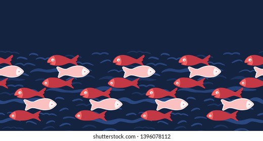 Cute shoal of fish swimming in sea water. Cartoon marine animal seamless vborder ector background. Hand drawn ocean life tile. All kids ribbon textiles. Animal fishing stationery, nautical home decor.