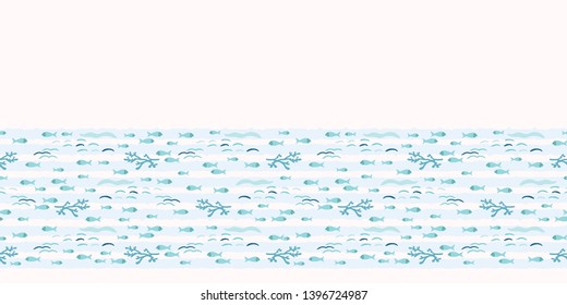 Cute shoal of fish swimming in sea water. Cartoon marine animal seamless vector background. Hand drawn ocean life tile. All over print kids textiles. Animal fishing stationery, nautical home decor.