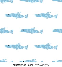 Geradliniger Ufer von Fischen, Vektorlineares nahtloses Muster. Meeresbewohner-Cartoon-Illustration auf isoliertem Hintergrund für Textilien, Gewebe, Tapeten, Umhüllungspapier und andere Print- und Designs.