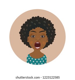 Cute shocked Afro American woman avatar. Scared African girl emoji. Frightened dark-skinned person facial expression isolated vector illustration
