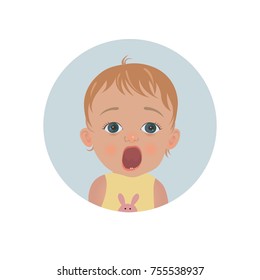 Cute shocked baby emoticon. Scared child emoji. Afraid toddler smiley. Frightened expression. Isolated vector illustration