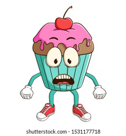 cute shocked chocolate cupcake cartoon character with funny expression