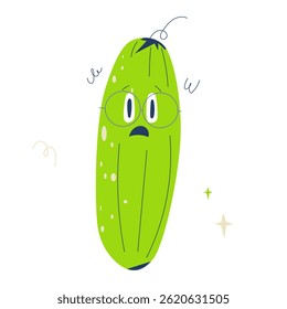 Cute shocked cucumber character with glasses in flat vector style on white background. Perfect for food designs, kids prints or fun stickers