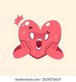 Ilustração de vetor de caracteres de coração chocado bonito. Design plano coração emocional com expressão facial surpreso.