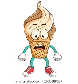 cute shocked ice cream waffle cone cartoon character with funny expression