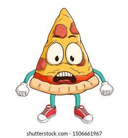 cute shocked pizza slice cartoon character with funny expression