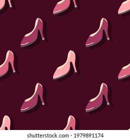 cute shoe seamless pattern. shiny pink women's shoes, high-heeled stiletto heels, are arranged in a certain order on a burgundy background. vector
