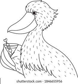 Cute Shoebill holding cocktail glass, design for coloring book, coloring page or print on things. Vector illustration