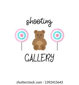 Cute shooting gallery vector graphic illustration with writing. Classic targets and teddy bear, win price. Isolated.