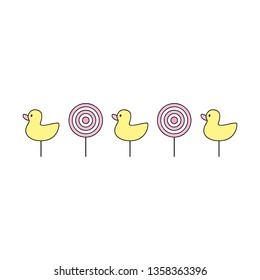 Cute Shooting Gallery Vector Outlined Illustration. Classic Targets And Ducks In A Row.  