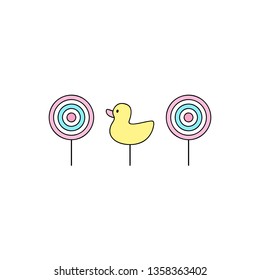 Cute Shooting Gallery Vector Outlined Illustration. Classic Targets And Duck.  