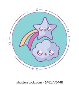 cute shooting star with cloud in frame circular kawaii style