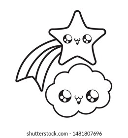 cute shooting star with cloud kawaii style
