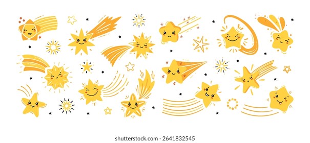 Cute Shooting Star Icons Vector Big Set. Yellow Little Falling Stars. Cartoon Comets Collection for Holiday or Birthday Party Design. Kawaii Characters for Kids