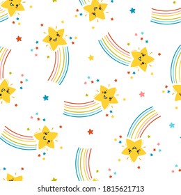 Cute Shooting Star with Rainbow Tail Vector Seamless Pattern. Starry Sky Colorful Background of Kawaii Falling Stars. T-shirt Print, Nursery, Baby Shower, Holiday or Birthday Party Design for Kids