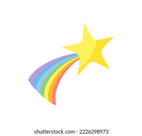 Cute shooting star with rainbow tail. Childish cartoon flat illustration. Vector icon.