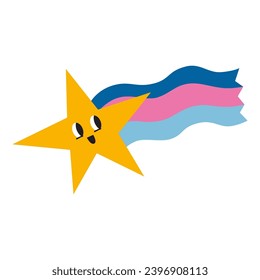 Cute shooting star with a rainbow tail, comet, cartoon style, vintage characters. Trendy modern vector illustration isolated on white background, hand drawn, flat design
