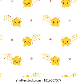 Patrón sin problemas del vector estrella de disparo. Starry Sky Colorful Background of Kawaii Falling Stars. Impresión de camisetas, guardería, ducha para bebés, vacaciones o diseño de fiesta de cumpleaños para niños