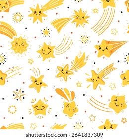Cute Shooting Star Vector Seamless Pattern. Baby Background with Yellow Little Falling Stars. Cartoon Comets for Children's Wallpaper, Holiday or Birthday Party Design. Kawaii Characters for Kids