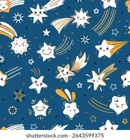 Cute Shooting Star Vetor Padrão Sem Costura. Fundo de bebê azul da noite com estrelas amarelas da queda. Cometas de desenhos animados para papel de parede de crianças, design de festas de feriado ou aniversário