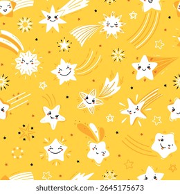 Cute Shooting Star Vetor Padrão Sem Costura. Fundo de bebê amarelo com pequenas estrelas em queda. Cometas de desenhos animados para papel de parede de crianças, design de festas de feriado ou aniversário