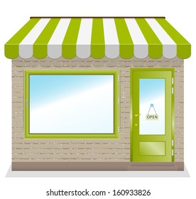 Cute shop icon with green awnings brick wall. Illustration.