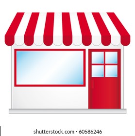 Cute shop icon with red awnings. Vector illustration.