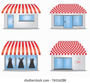 Cute shop icons with red awnings