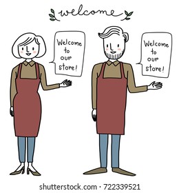 Cute shop owner couple with aprons and uniform smiling and welcoming customer to their shop. Word balloons included. Vector illustration with hand-drawn style.