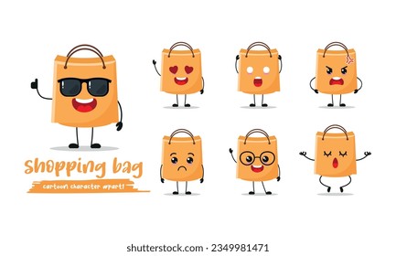 cute shopping bag cartoon with many expressions. paper bag different activity pose vector illustration flat design set with sunglasses.