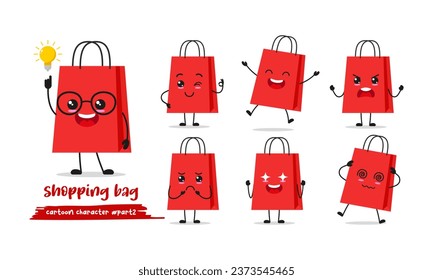 cute shopping bag cartoon with many expressions. paper bag different activity pose vector illustration flat design set.