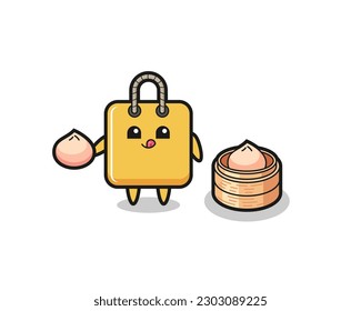 cute shopping bag character eating steamed buns , cute style design for t shirt, sticker, logo element