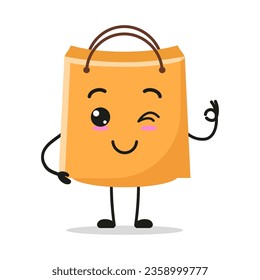 Cute shopping bag character. Funny smiling and wink paper bag cartoon emoticon in flat style. bag emoji vector illustration svg