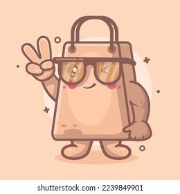 cute shopping bag character mascot with peace hand sign gesture isolated cartoon in flat style design