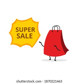 Bolsa de compras. Ilustración vectorial de diseño de caracteres de dibujos animados. Perfecto para Ecommerce, Símbolo de promoción de venta, elemento web de tienda. Ilustración Símbolos de compras de comercio electrónico.