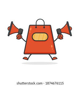 Bolsa de compras. Ilustración vectorial de diseño de caracteres de dibujos animados. Perfecto para Ecommerce, Símbolo de promoción de venta, elemento web de tienda. Ilustración Símbolos de compras de comercio electrónico.