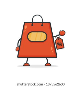 Bolsa de compras. Ilustración vectorial caricatura de bolso de tienda gráfica con etiqueta de precio. Perfecto para Ecommerce, Símbolo de promoción de venta, elemento web de tienda. Ilustración Símbolos de compras de comercio electrónico.