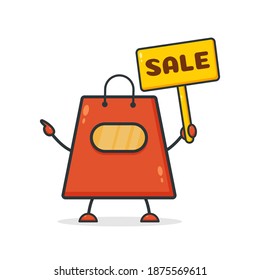 Cute shopping bag. Illustration vector graphic shop bag cartoon character holding sale banner. Perfect for Ecommerce, Symbol of promotion sale, store web element. 