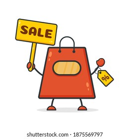 Bolsa de compras. Ilustración vectorial caricatura de bolso de tienda gráfica con banner de venta de etiqueta de precio. Perfecto para Ecommerce, Símbolo de promoción de venta, elemento web de tienda. 