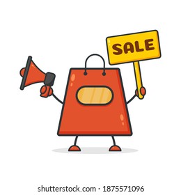 Bolsa de compras. Ilustración vectorial caricatura de bolso de tienda gráfica con megáfono y sosteniendo banner de venta. Perfecto para Ecommerce, Símbolo de promoción de venta, elemento web de tienda. 